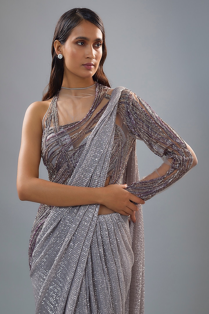 Dusty Silver Sequins Bugle Bead Embroidered Bridal Gown Saree by Gaurav Gupta at Pernia's Pop Up Shop
