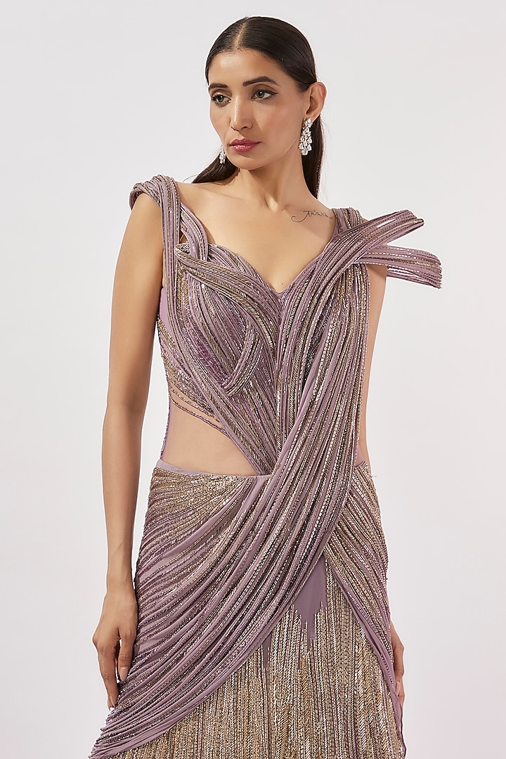 Soft Violet Viscose Georgette Bead Embroidered Bridal Lehenga Saree by Gaurav Gupta at Pernia's Pop Up Shop