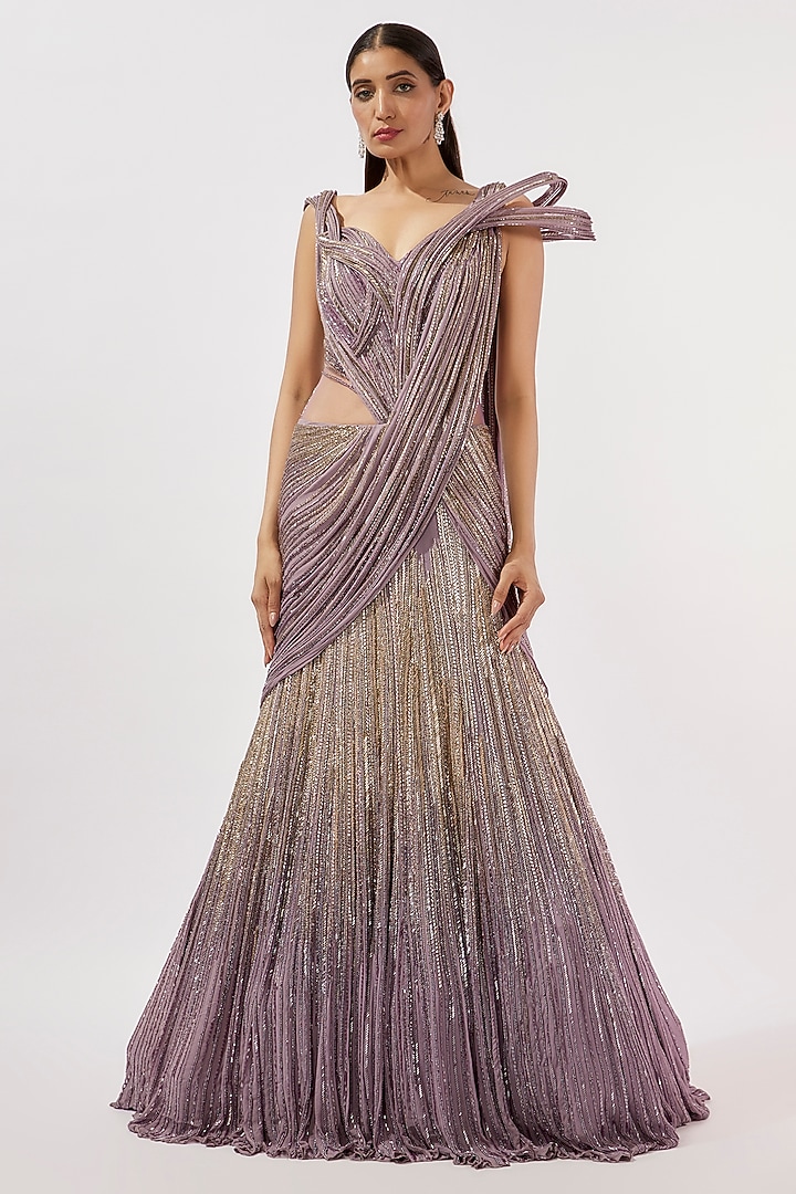 Soft Violet Viscose Georgette Bead Embroidered Bridal Lehenga Saree by Gaurav Gupta at Pernia's Pop Up Shop
