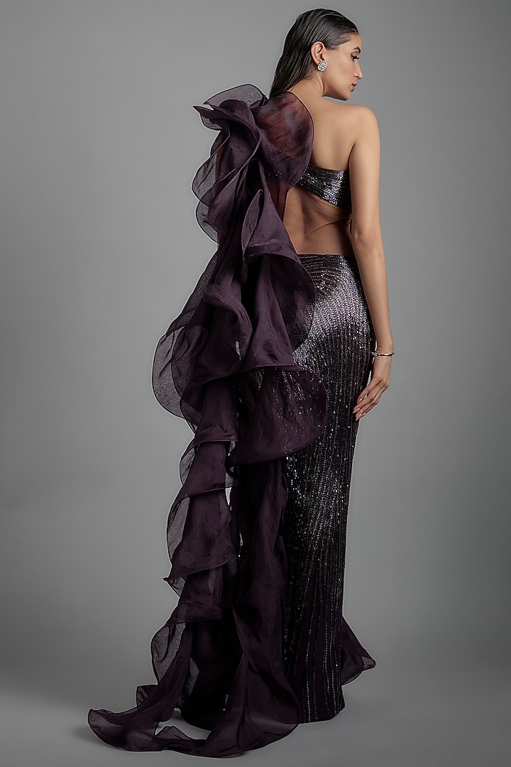 Aubergine Tulle Bugle Bead Embroidered Bridal Gown by Gaurav Gupta at Pernia's Pop Up Shop