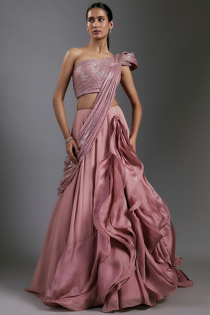 Rose Bud Sequins Ruffled Lehenga Saree Set by Gaurav Gupta at Pernia's Pop Up Shop