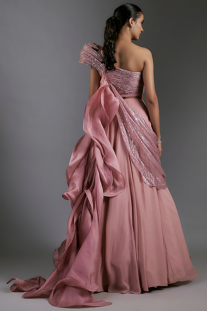 Rose Bud Sequins Ruffled Bridal Lehenga Saree Set by Gaurav Gupta at Pernia's Pop Up Shop