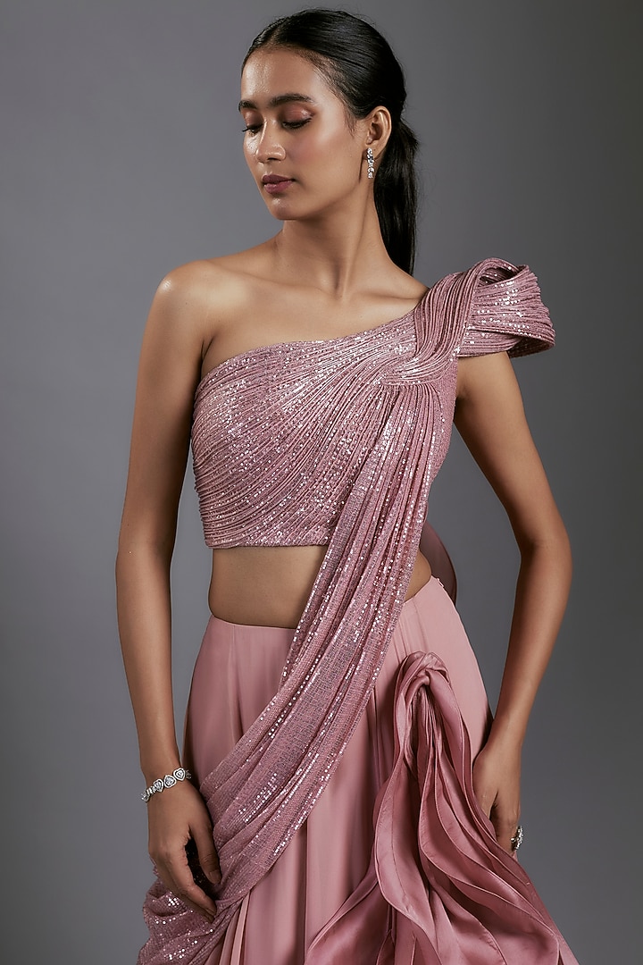 Rose Bud Sequins Ruffled Bridal Lehenga Saree Set by Gaurav Gupta at Pernia's Pop Up Shop