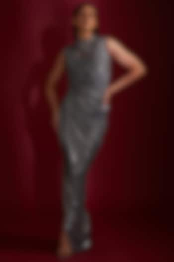 Grey Sequins Jersey Bugle Bead Embroidered Cowl Draped Gown by Gaurav Gupta at Pernia's Pop Up Shop