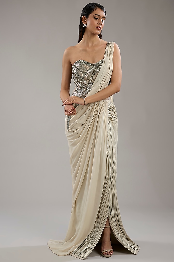 Sage Gold Viscose Georgette Corset Gown Saree by Gaurav Gupta at Pernia's Pop Up Shop