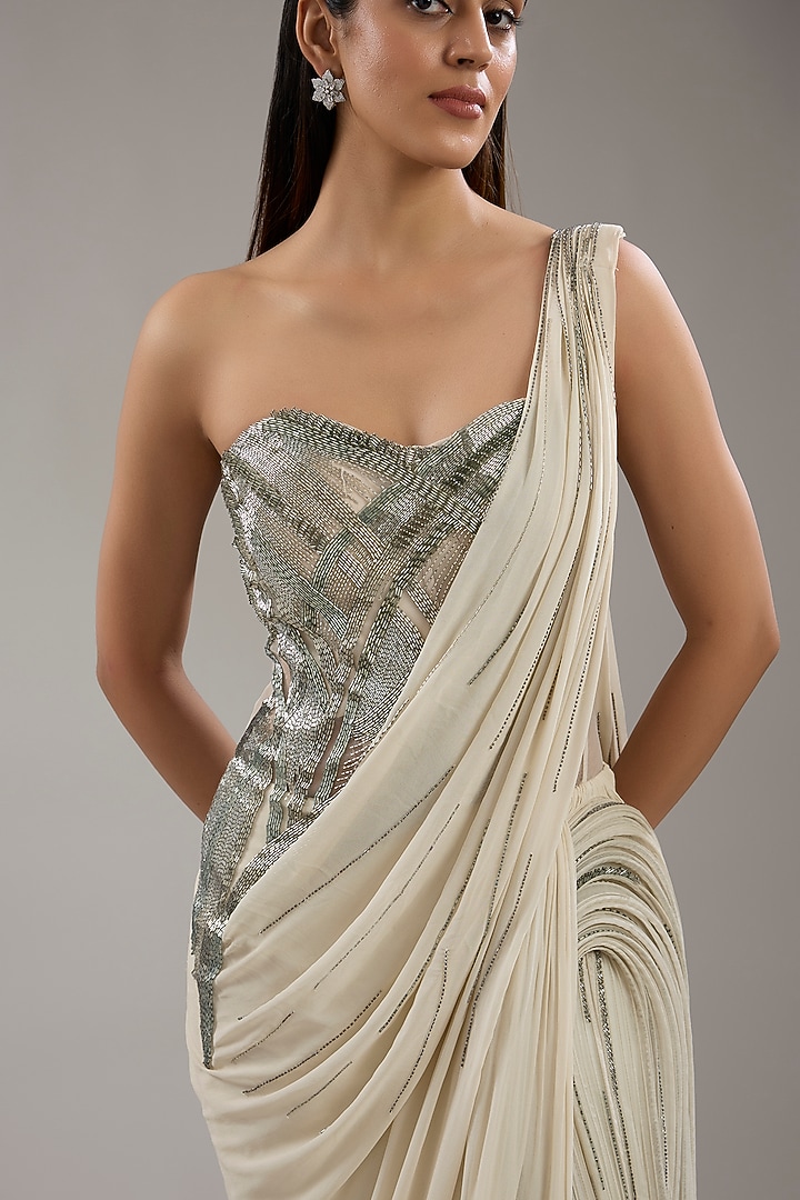Sage Gold Viscose Georgette Corset Bridal Gown Saree by Gaurav Gupta at Pernia's Pop Up Shop