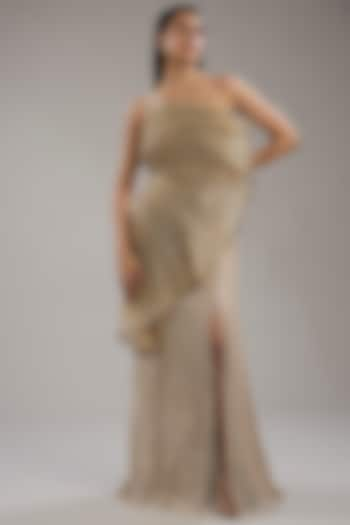 Champagne Sequins Bugle Bead Embroidered Sculpted Fan Gown by Gaurav Gupta at Pernia's Pop Up Shop