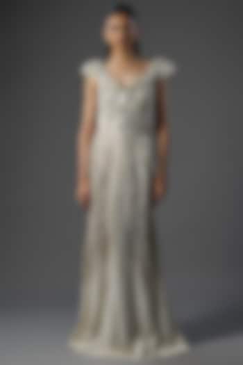 Ivory Polyester Crepe Sculpted Bridal Gown by Gaurav Gupta at Pernia's Pop Up Shop