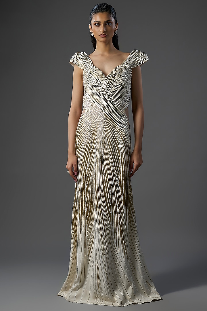 Ivory Polyester Crepe Sculpted Bridal Gown by Gaurav Gupta at Pernia's Pop Up Shop