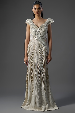 Ivory Polyester Crepe Sculpted Gown by Gaurav Gupta