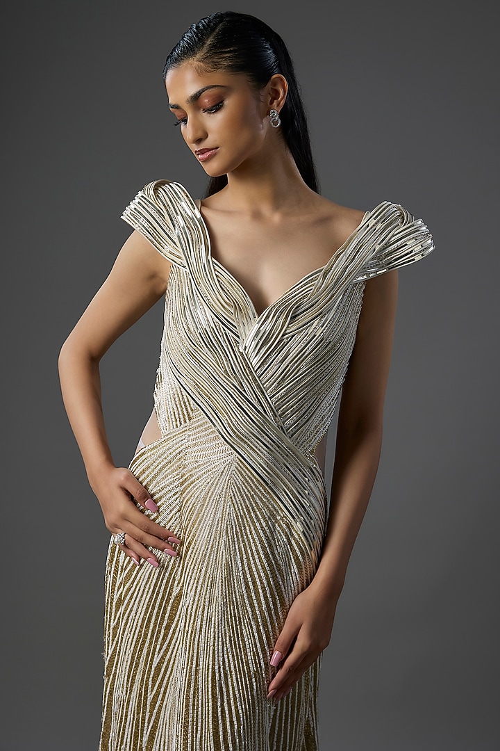 Ivory Polyester Crepe Sculpted Bridal Gown by Gaurav Gupta at Pernia's Pop Up Shop