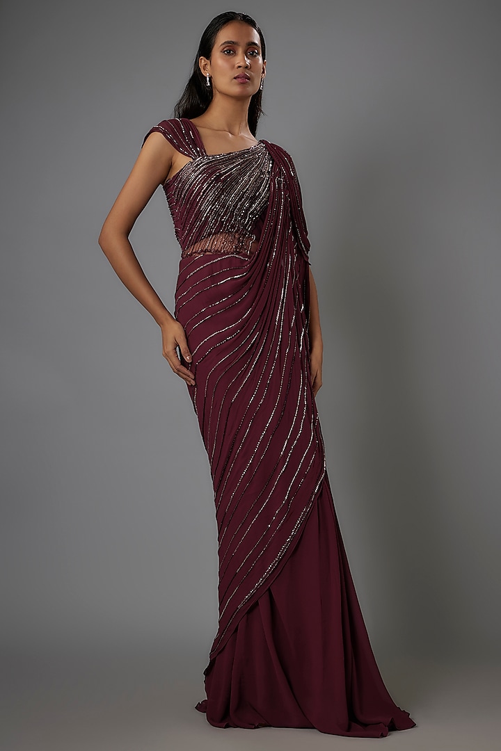 Berry Georgette Bugle Bead Embroidered Gown Saree by Gaurav Gupta at Pernia's Pop Up Shop