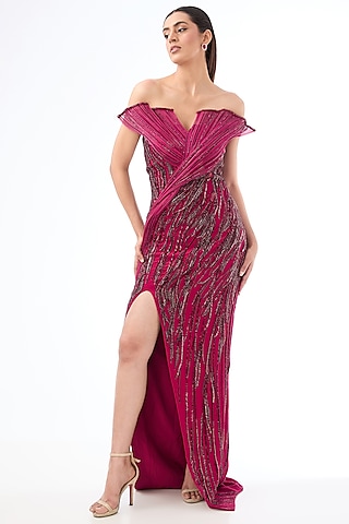 Fuchsia Crepe Bugle Bead Embroidered Gown by Gaurav Gupta