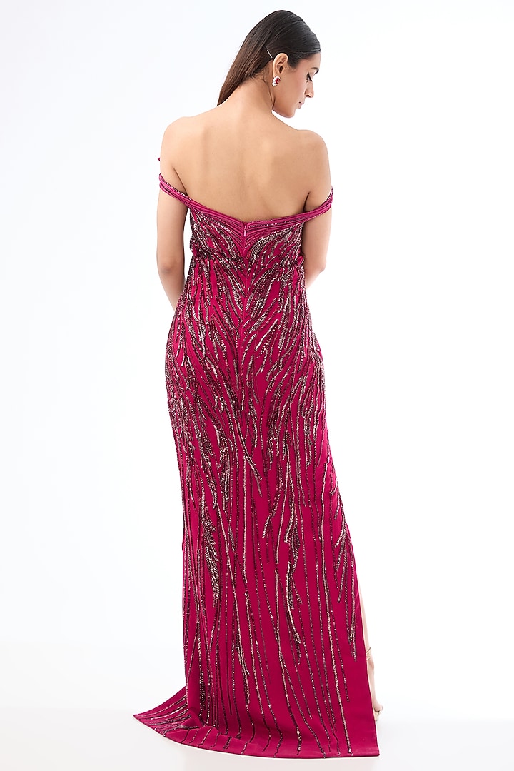 Fuchsia Crepe Bugle Bead Embroidered Bridal Gown by Gaurav Gupta at Pernia's Pop Up Shop
