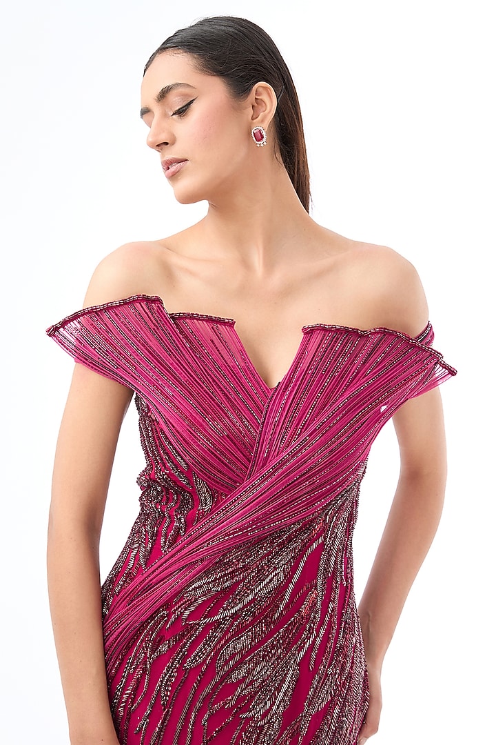Fuchsia Crepe Bugle Bead Embroidered Bridal Gown by Gaurav Gupta at Pernia's Pop Up Shop