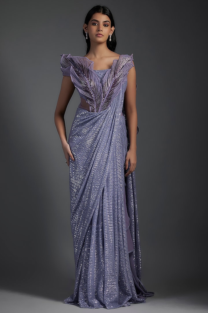 Ocean Blue Sequins Bugle Bead Embroidered Gown Saree by Gaurav Gupta at Pernia's Pop Up Shop