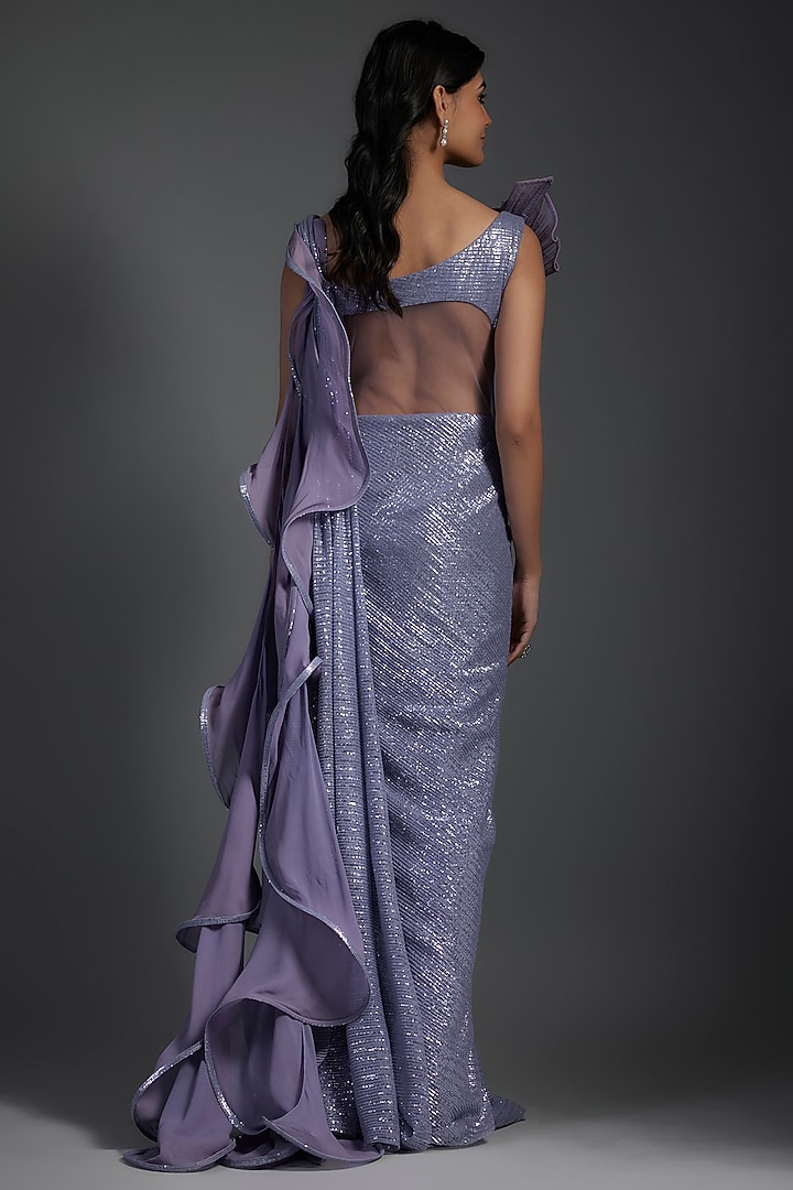Ocean Blue Sequins Bugle Bead Embroidered Bridal Gown Saree by Gaurav Gupta at Pernia's Pop Up Shop