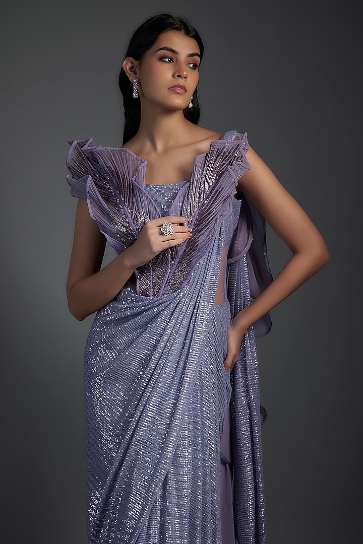 Ocean Blue Sequins Bugle Bead Embroidered Bridal Gown Saree by Gaurav Gupta at Pernia's Pop Up Shop