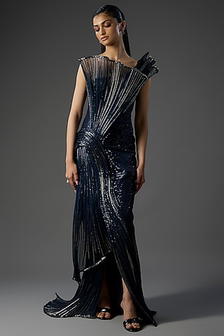 Midnight Blue Polyester Sequins Sculpted Gown by Gaurav Gupta