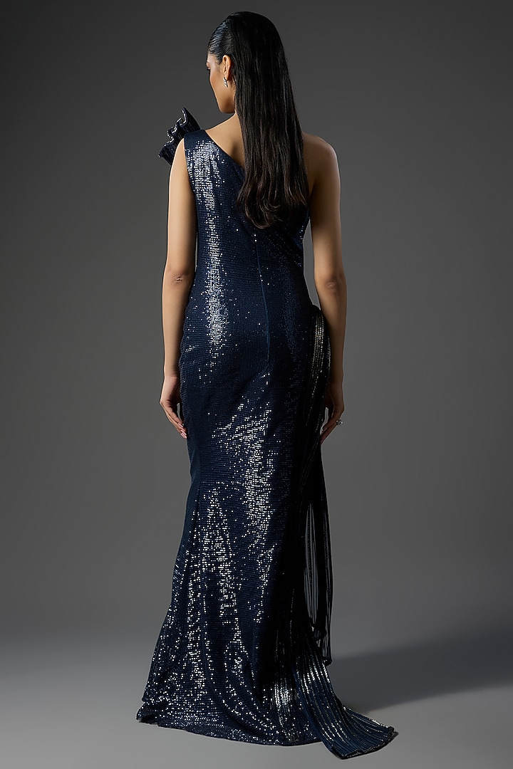 Midnight Blue Polyester Sequins Sculpted Bridal Gown by Gaurav Gupta at Pernia's Pop Up Shop