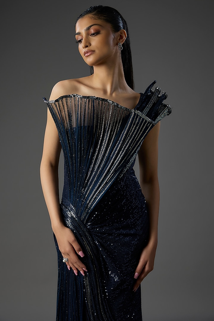 Midnight Blue Polyester Sequins Sculpted Bridal Gown by Gaurav Gupta at Pernia's Pop Up Shop