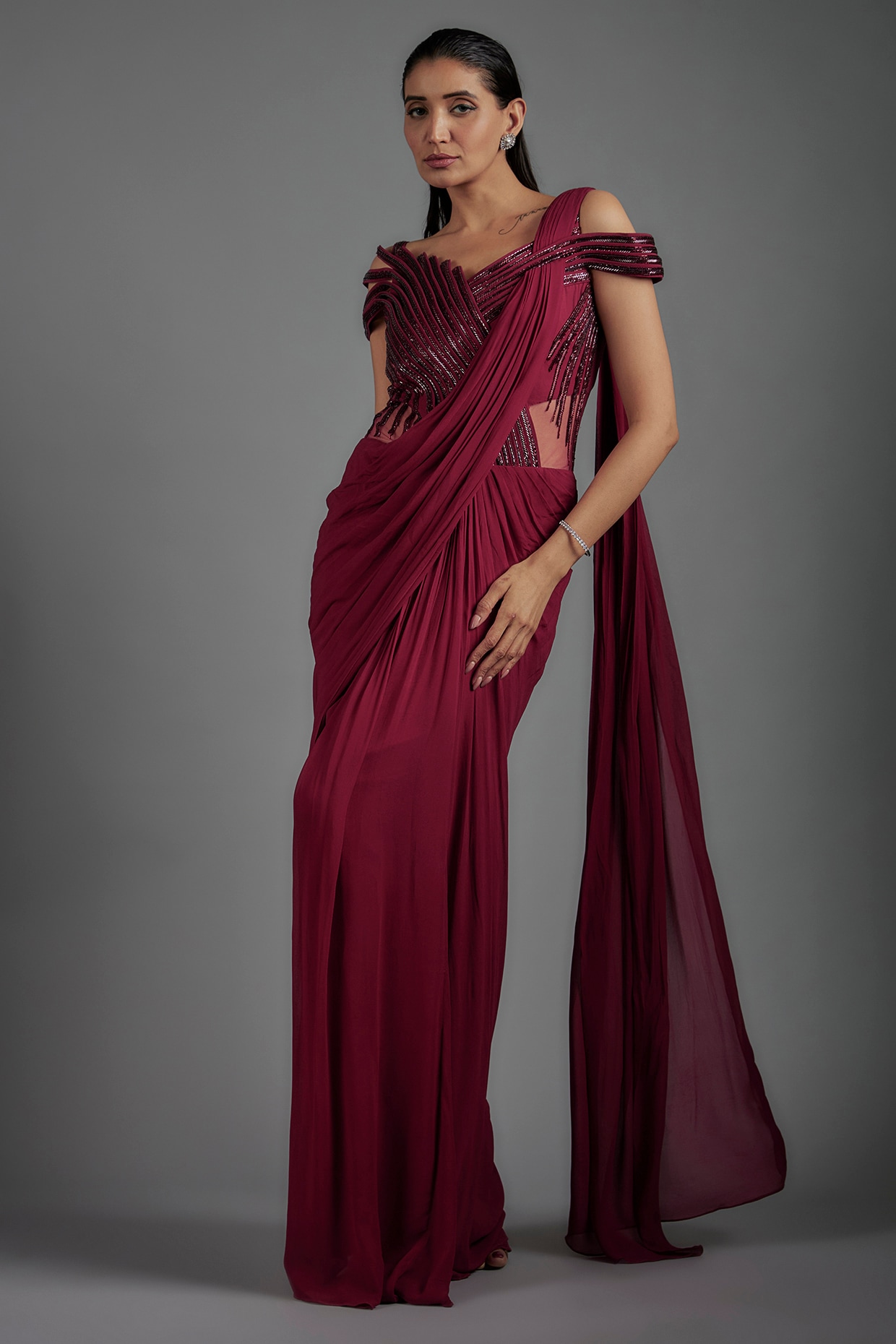 Buy Green Foil Georgette Asymmetric Pre Draped Saree Gown For Women by Neha  Gursahani Online at Aza Fashions.