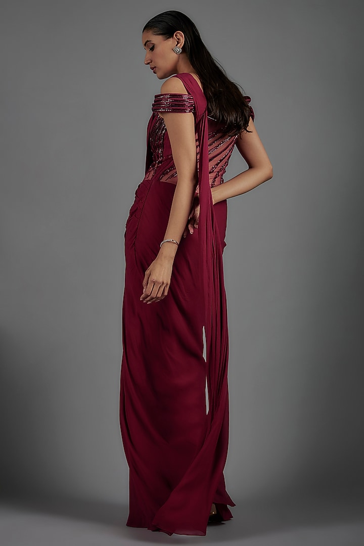 Fuchsia Viscose Georgette Bugle Bead Embroidered Bridal Gown Saree by Gaurav Gupta at Pernia's Pop Up Shop