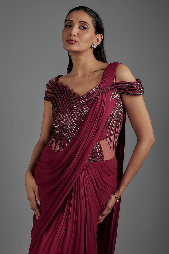 Fuchsia Viscose Georgette Bugle Bead Embroidered Bridal Gown Saree by Gaurav Gupta at Pernia's Pop Up Shop