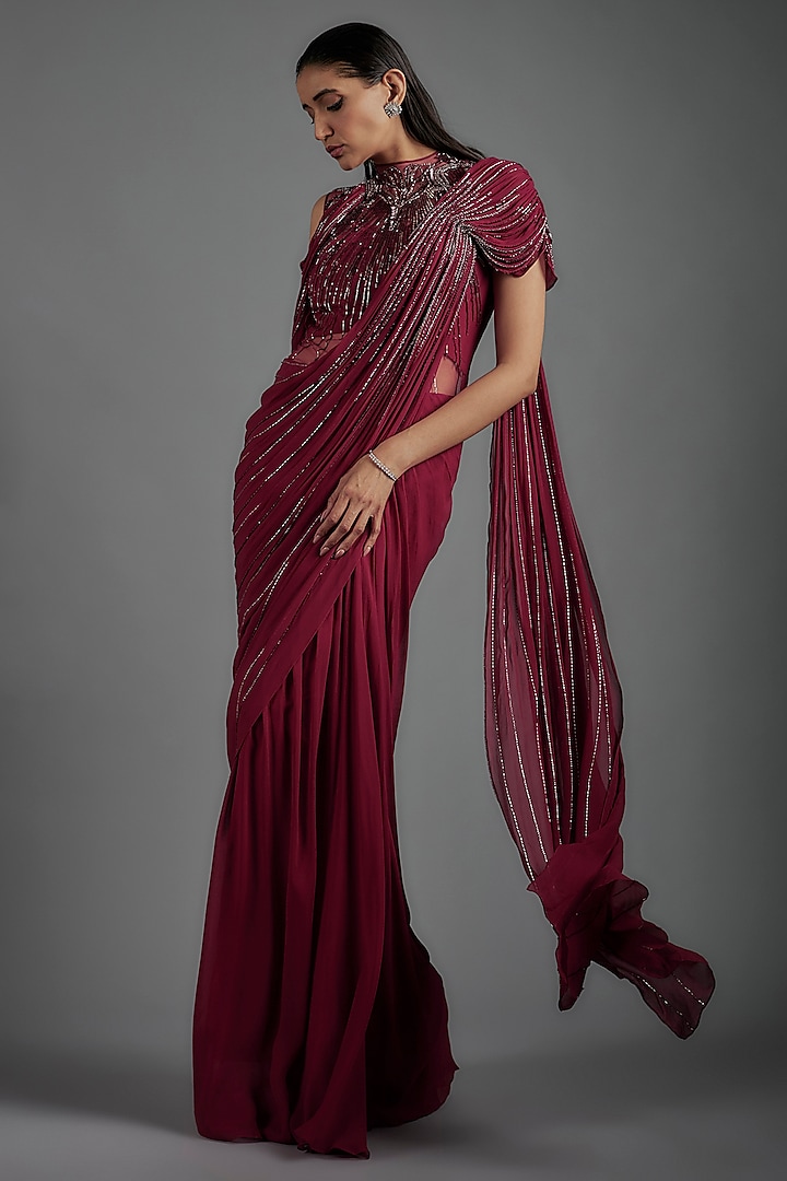 Fuchsia Viscose Georgette Bugle Bead Embroidered Draped Gown Saree by Gaurav Gupta