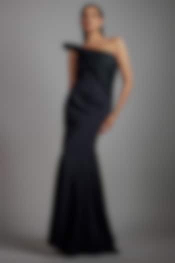 Midnight Blue Banana Crepe Sculpted One-Shoulder Gown by Gaurav Gupta
