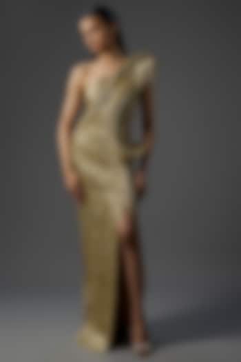 Gold Polyester Crepe Sculpted Bridal Gown by Gaurav Gupta at Pernia's Pop Up Shop