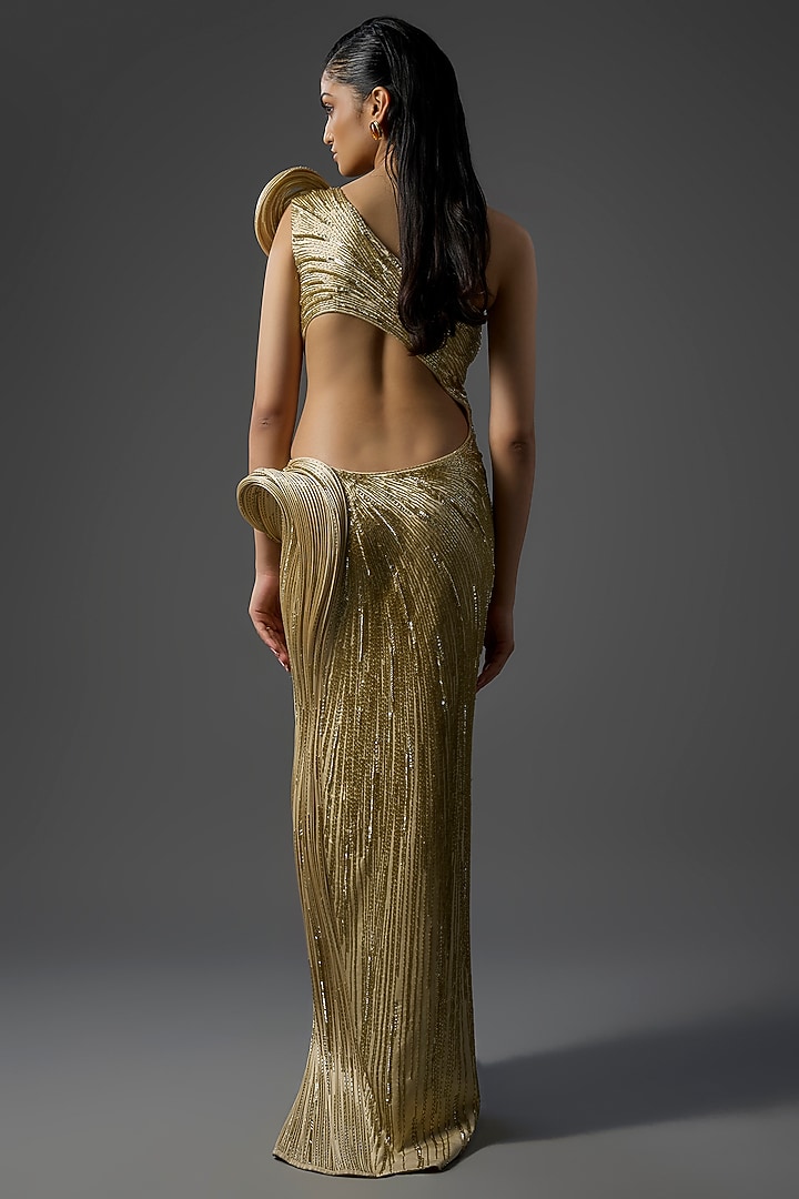 Gold Polyester Crepe Sculpted Bridal Gown by Gaurav Gupta at Pernia's Pop Up Shop