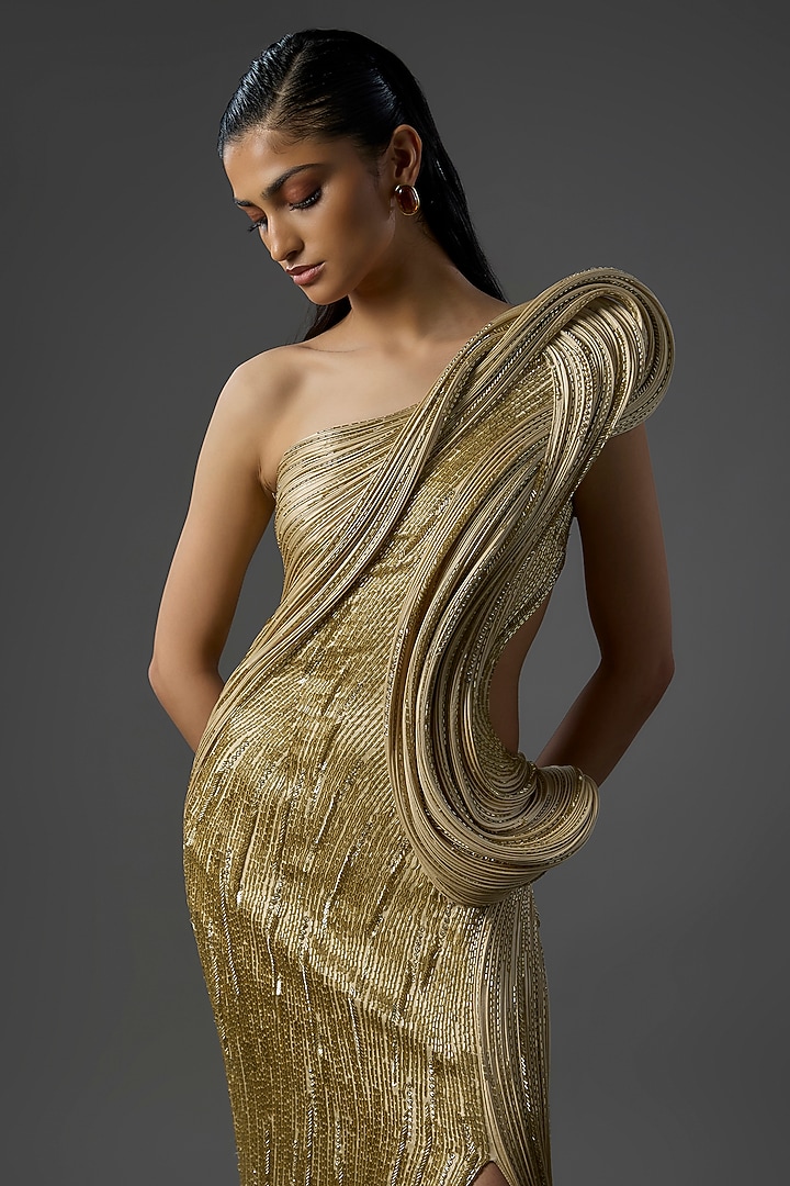 Gold Polyester Crepe Sculpted Bridal Gown by Gaurav Gupta at Pernia's Pop Up Shop