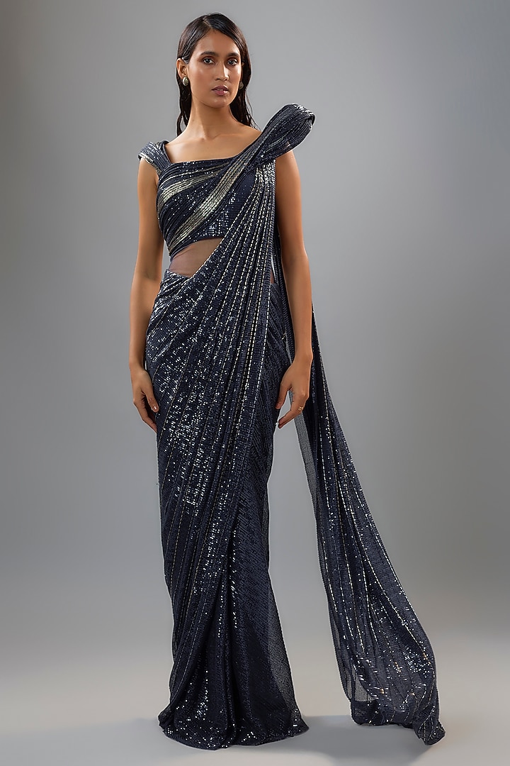 Midnight Blue Sequins Bugle Bead Embroidered Sculpted Gown Saree by Gaurav Gupta at Pernia's Pop Up Shop