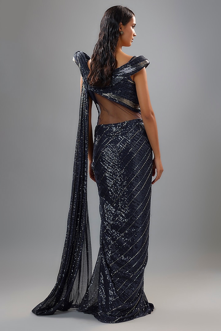 Midnight Blue Sequins Bugle Bead Embroidered Sculpted Bridal Gown Saree by Gaurav Gupta at Pernia's Pop Up Shop