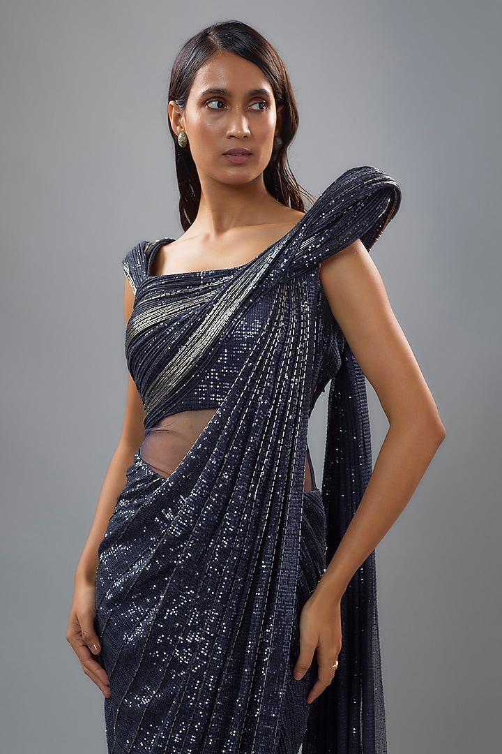 Midnight Blue Sequins Bugle Bead Embroidered Sculpted Bridal Gown Saree by Gaurav Gupta at Pernia's Pop Up Shop
