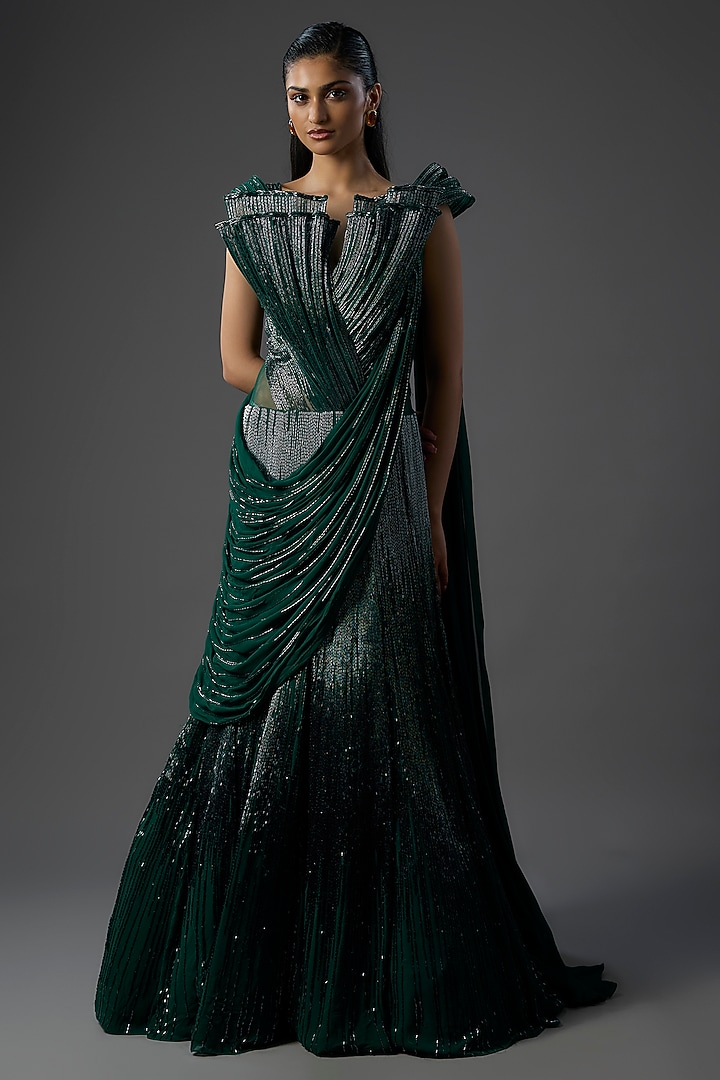 Emerald Green Rayon Georgette Woven Sculpted Bridal Lehenga Saree by Gaurav Gupta at Pernia's Pop Up Shop