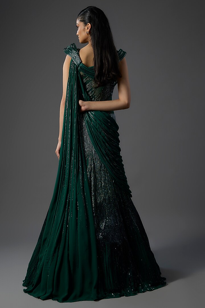 Emerald Green Rayon Georgette Woven Sculpted Bridal Lehenga Saree by Gaurav Gupta at Pernia's Pop Up Shop