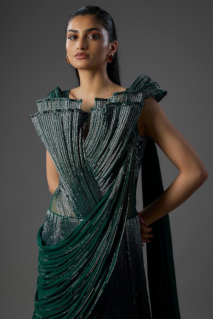 Emerald Green Rayon Georgette Woven Sculpted Bridal Lehenga Saree by Gaurav Gupta at Pernia's Pop Up Shop