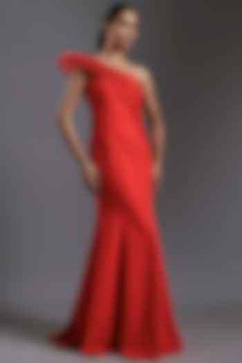 Lava Red Banana Crepe One-Shoulder Sculpted Gown by Gaurav Gupta at Pernia's Pop Up Shop