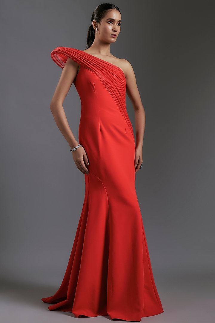 Lava Red Banana Crepe One-Shoulder Sculpted Gown by Gaurav Gupta at Pernia's Pop Up Shop