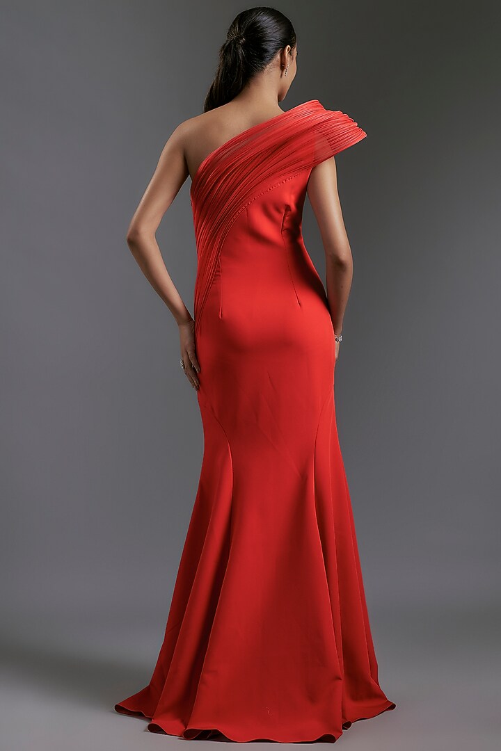Lava Red Banana Crepe One-Shoulder Sculpted Bridal Gown by Gaurav Gupta at Pernia's Pop Up Shop