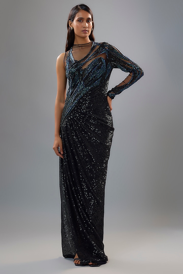 Black Sequins Bugle Bead Embroidered Gown by Gaurav Gupta at Pernia's Pop Up Shop