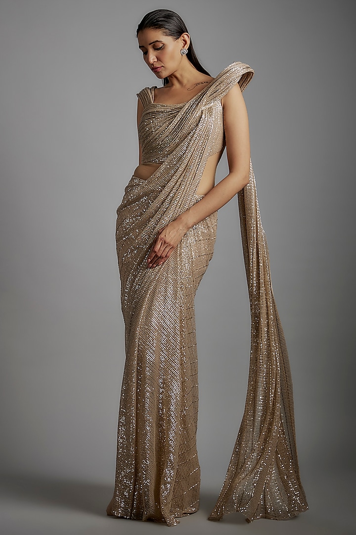 Champagne Sequins Bugle Bead Embroidered Gown Saree by Gaurav Gupta