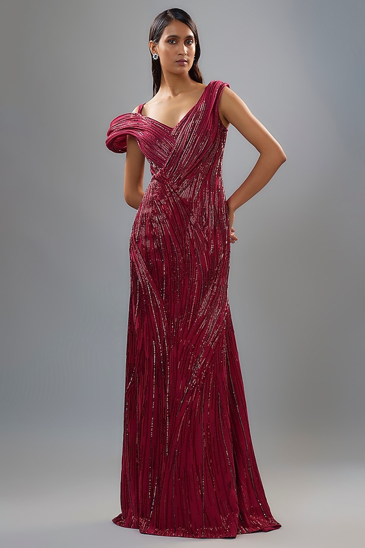 Fuchsia Crepe Glass Bead Embroidered Gown by Gaurav Gupta at Pernia's Pop Up Shop