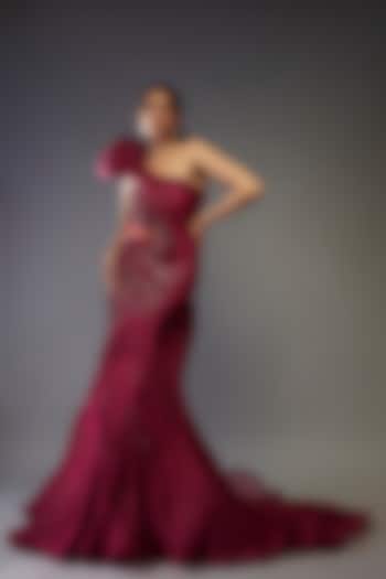 Fuchsia Polyester Crepe Sculpted One-Shoulder Bridal Gown by Gaurav Gupta at Pernia's Pop Up Shop