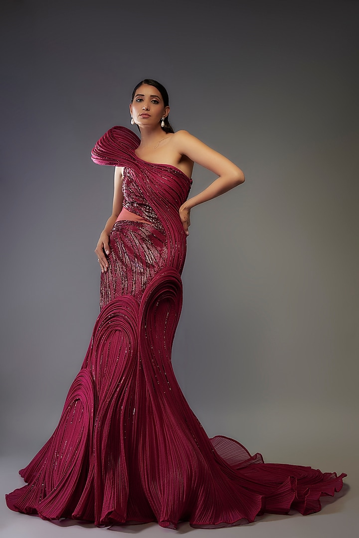 Fuchsia Polyester Crepe Sculpted One-Shoulder Bridal Gown by Gaurav Gupta at Pernia's Pop Up Shop