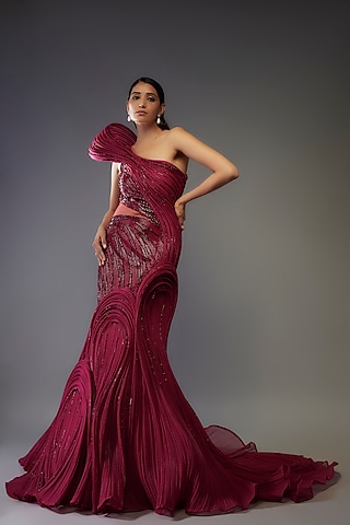 Fuchsia Polyester Crepe Sculpted One-Shoulder Gown by Gaurav Gupta
