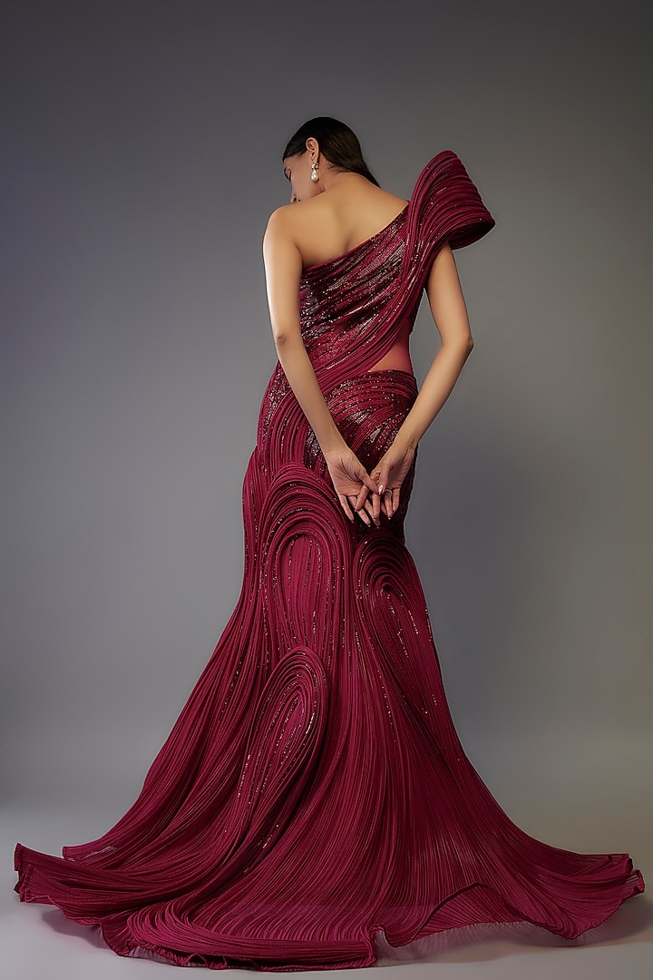 Fuchsia Polyester Crepe Sculpted One-Shoulder Bridal Gown by Gaurav Gupta at Pernia's Pop Up Shop