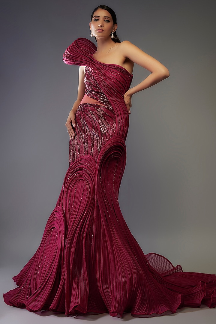 Fuchsia Polyester Crepe Sculpted One-Shoulder Bridal Gown by Gaurav Gupta at Pernia's Pop Up Shop